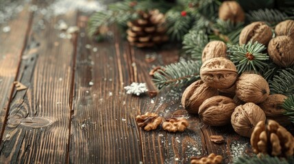 Fototapeta premium Christmas toy made from wood with walnuts in their shells on wooden background and space for text