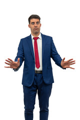 vertical Cautious Businessman with Palms Extended Forward in Rejection white background