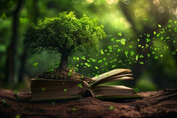  An open book from which a small tree grows. The concept of environmental protection, gardening, respect for nature, sustainable development of the world, reasonable consumption. Renewable resources.  - obrazy, fototapety, plakaty