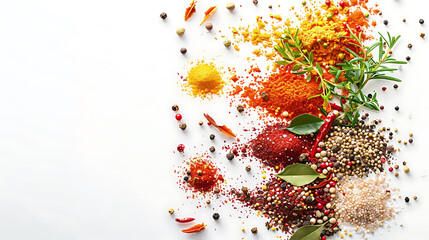 spices and herbs on white background, top view