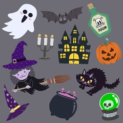 Hand drawn flat halloween elements collection.