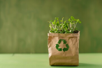  A paper bag with a recycling icon from which green seedlings grow. The concept of environmental protection, gardening, respect for nature, reasonable consumption. Renewable resources