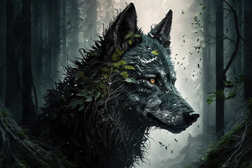 Night wolf portrait in the forest