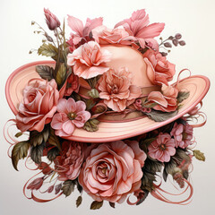 Watercolor Pink Cowgirl Hat with Roses, clipart Illustration, Generative Ai