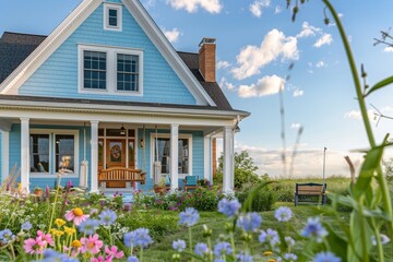 Cape Cod style vacation home in sage green, with a backyard brick barbecue area and a vegetable garden, under a sunny sky