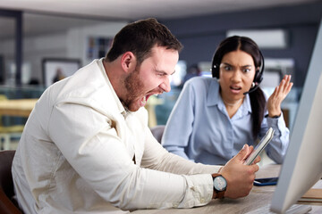 Man, stress and shout with tablet in office for anger, mental health and noise with woman at call...