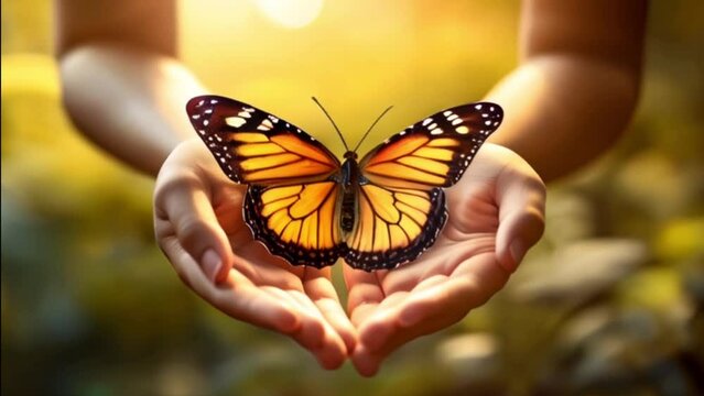 Open hands holding a butterfly over sun rays background. Saving nature and environment concept