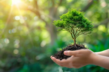 Hands holding a small green tree, forest background. The concept of environmental protection, landscaping, respect for nature, sustainable development of the world. Renewable resources. Earth Day