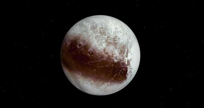 A 3D animation depicting the rotation of Pluto a dwarf planet in the Kuiper belt, a ring of bodies beyond the orbit of Neptune.