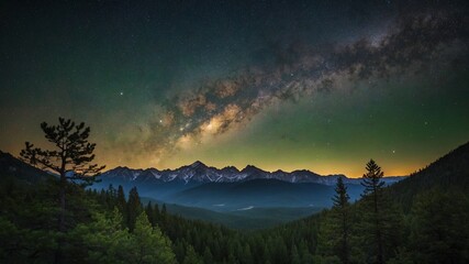 Breathtaking view of milky way illuminates night sky above serene mountain range. Galaxys vibrant colors contrast beautifully against dark silhouettes of peaks. In foreground.