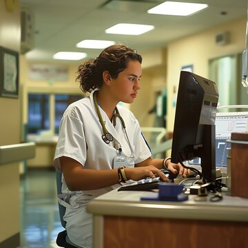 19. Nurse charting medical records on a computer at a nursing station, integral part of patient care management, organized and efficient.