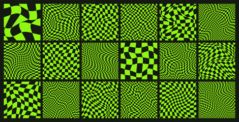 Trendy checkered pattern, black and green distorted tiled grid. Wavy curved backdrop, distortion effect. Funky geometric chessboard texture, retro background in 90s style, y2k. Vector illustration