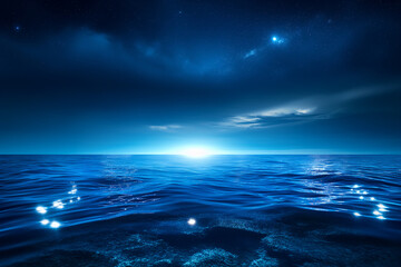 Tranquil midnight ocean under a starlit sky with glowing horizon