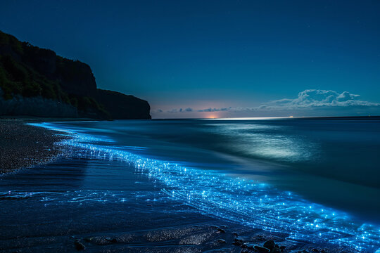 Twilight beach scene with sparkling blue bioluminescence.