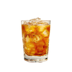 A whisky cocktail in a glass with ice set against a transparent background