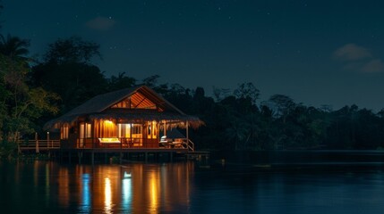 Surrounded by the stillness of the night guests can fall asleep to the gentle breeze and the tranquil sounds of nature in these offgrid floating bungalows. 2d flat cartoon. - obrazy, fototapety, plakaty