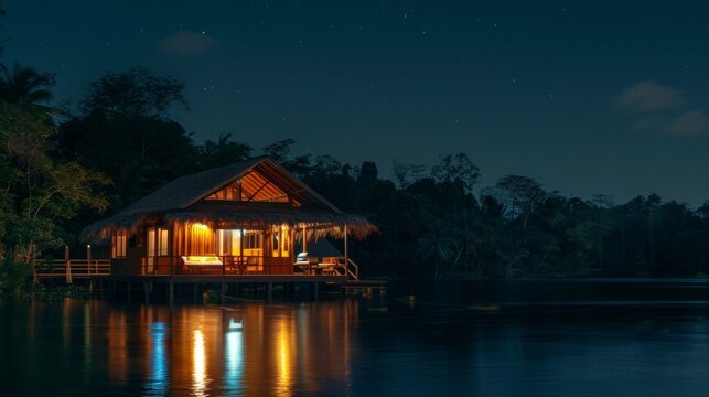 Fototapeta Surrounded by the stillness of the night guests can fall asleep to the gentle breeze and the tranquil sounds of nature in these offgrid floating bungalows. 2d flat cartoon.