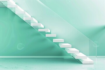 Chic Modern Staircase with Transparent Acrylic Steps in a Pastel Mint Green Art Gallery, Perfect for High-End Property Brochures