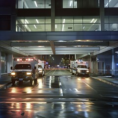 1. Emergency room entrance with ambulances parked, lights flashing, a critical access point in a bustling city hospital.