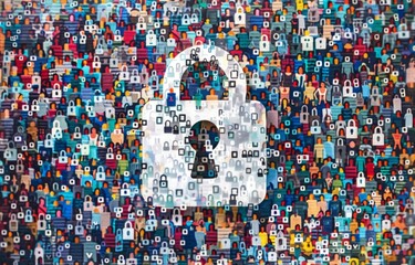 A large white padlock surrounded by binary code numbers, filled with images of people in colorful security for personal data or digital assets Generative AI