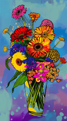 flowers blossom in pop art style for postcards