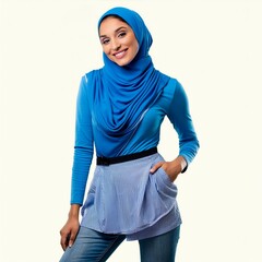 A young attractive woman wearing a blue veil and matching urban style outfit