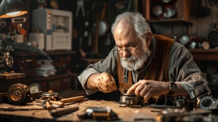 older man working as a watchmaker in his watch workshop in high resolution and high quality. concept work, workshop, man, watch, company, trust, crafts