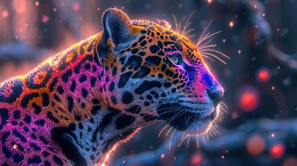 Rainbow Jaguar Kub King, Vibrant Sureal Scenery, Depth of View, Depth of Field, Dark bold outlines, Profound Details, Fluffy Fur --no border