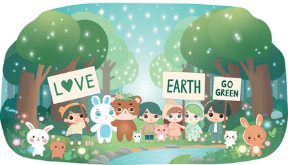 Diverse group of cartoon animals and children holding signs that say LOVE, EARTH, and GO GREEN in a lush, starlit forest setting