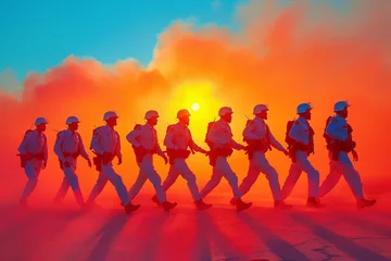 Foto auf Acrylglas A team of soldiers walk under the colorful sky, silhouetted by the setting sun © Vladimir