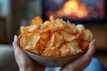 Person holding bowl of potato chips by fireplace, enjoying staple fried food