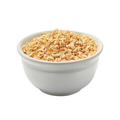 Fototapeta na wymiar Front view of dried garlic granules in a white bowl set against a transparent background
