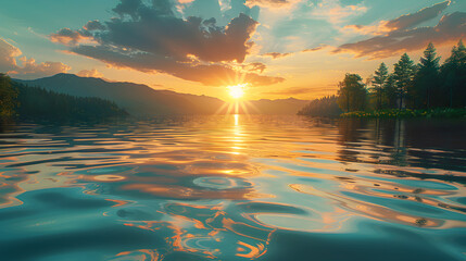 Sun sets over lake, mountains in background, creating stunning natural landscape