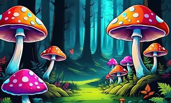 wallpaper representing fantastic mushrooms in a forest. Vibrant colors
