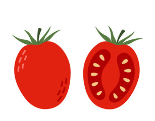 Cherry tomato. Whole vegetable and half. Flat vector illustration isolated on white background.