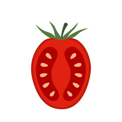 Half a cherry tomato. Ripe red vegetable. Flat vector illustration isolated on white background.