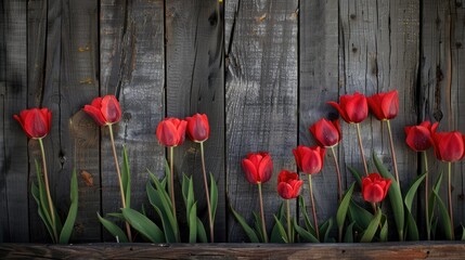 Fototapeta premium Tulips blooming against a rustic wooden backdrop