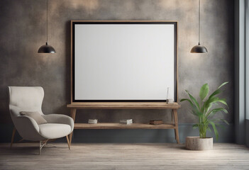 Blank mock up poster frame in hipster interior background