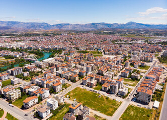 Aerial view of Manavgat city with view of Manavgat River, Antalya Province, Turkey.