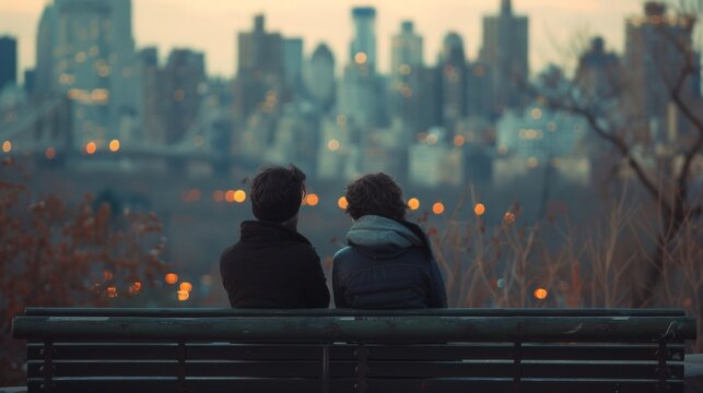 Two figures sit on a bench facing away from the camera backs turned towards the urban skyline behind them as they engage in . .