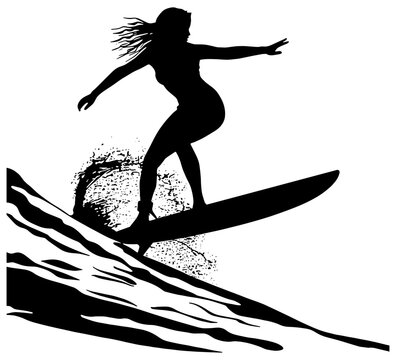 recommend clip art: Silhouette of a female surfer surfing a wave, isolated 