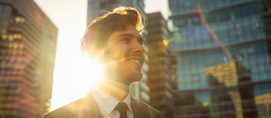 Young Smiling man businessman in a business suit against a background of skyscrapers in a sunny city.