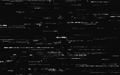 Glitch texture. Random stripes on dark background. Abstract white pixels. No signal template. Distorted video with noise effect. Error visualization. Vector illustration.