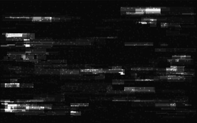 Glitch background. Distorted white lines with overlay effect. Video signal noise. Futuristic distortions template. Random geometric shapes and lines. Vector illustration.