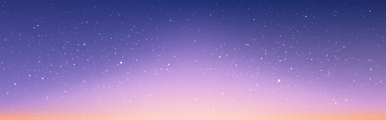Starry sky background. Beautiful sunset with stars. Wide starry wallpaper for website or brochure. Night milky way with stardust. Gradient cosmic backdrop. Vector illustration.