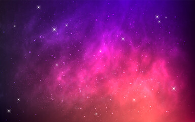 Fototapeta na wymiar Space background. Bright starry nebula. Deep universe with white stars. Colorful cosmos texture for poster, website or banner. Glowing galaxy wallpaper. Vector illustration.