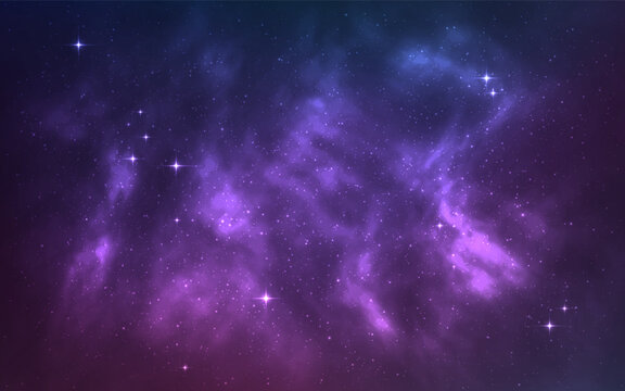Cosmos background. Realistic purple galaxy with shining stars. Fantasy universe with constellation. Color milky way. Beautiful nebula wallpaper. Vector illustration.