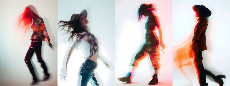 A sequence of four panels showing a woman dancing in multicolored light. - Powered by Adobe