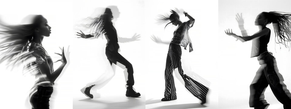 Energetic dance sequence captured in four silhouettes against a white background