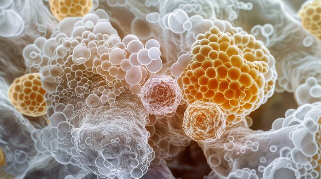 A microscopic view of different types of adipose cells including white and brown fat cells. The brown fat cells have a higher concentration